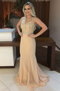 Top Selling Mermaid Scoop Beading Dress for Prom Champagne Backless Sleeveless Sweep Train