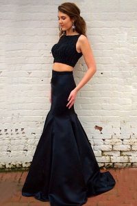 Mermaid Bateau Sleeveless Dress for Prom Sweep Train Beading Black Elastic Woven Satin