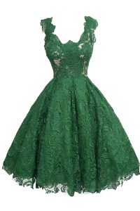 On Sale Scoop Knee Length Dark Green Prom Dress Lace Sleeveless Appliques