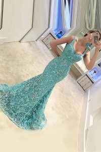 Mermaid Turquoise Sleeveless Tulle Sweep Train Zipper Dress for Prom for Prom