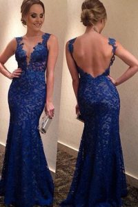 With Train Backless Blue for Prom and Party with Lace Brush Train
