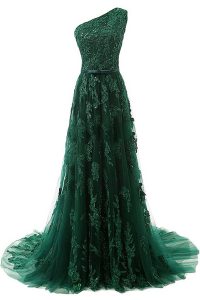 Fashion Dark Green Zipper One Shoulder Beading and Appliques Prom Gown Tulle Sleeveless Sweep Train