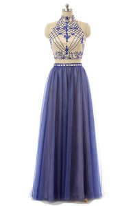 Edgy Halter Top Appliques Prom Dresses Navy Blue Zipper Sleeveless Floor Length