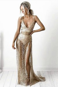 Sweet Champagne Column/Sheath Lace Backless Lace Sleeveless With Train
