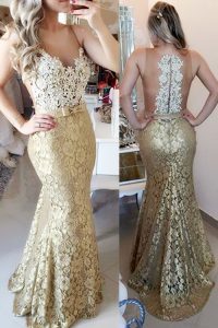 Mermaid Lace Spaghetti Straps Sleeveless Brush Train Zipper Lace and Belt Dress for Prom in Gold