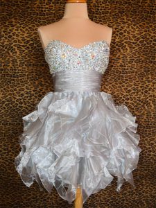 High Class Grey Sleeveless Mini Length Beading and Ruffles Lace Up Prom Party Dress