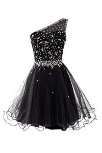 One Shoulder Black Side Zipper Prom Gown Beading Sleeveless Mini Length