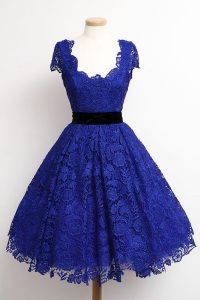 Cheap Scoop Knee Length Royal Blue Prom Party Dress Lace Cap Sleeves Lace
