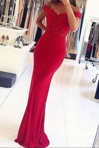 Mermaid Elastic Woven Satin Off The Shoulder Sleeveless Zipper Beading and Appliques Prom Gown in Red