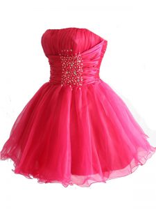 Romantic Sequins Strapless Sleeveless Lace Up Prom Gown Hot Pink Organza