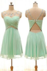 Sleeveless Chiffon Knee Length Zipper Prom Party Dress in Apple Green with Beading