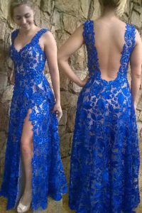 Clearance Blue Backless V-neck Lace Prom Evening Gown Lace Sleeveless