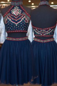 Hot Selling Navy Blue Prom Party Dress Prom and Party and For with Embroidery High-neck Sleeveless Zipper