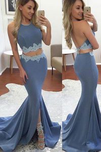 Mermaid Elastic Woven Satin Halter Top Sleeveless Sweep Train Backless Lace Prom Dress in Blue