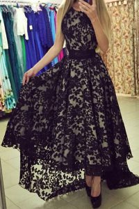 New Arrival Scoop Black Sleeveless Lace Asymmetrical Prom Gown