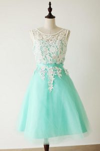Wonderful Apple Green Zipper Prom Gown Lace and Sashes ribbons Sleeveless Knee Length
