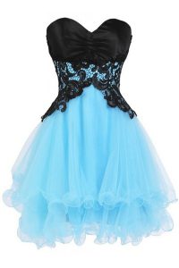 Super A-line Homecoming Dress Blue And Black Sweetheart Tulle Sleeveless Mini Length Lace Up