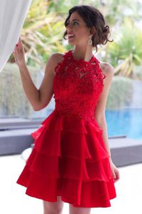Elegant Halter Top Red A-line Lace and Ruffled Layers Prom Evening Gown Zipper Tulle Sleeveless Knee Length