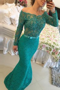 Fantastic Turquoise Mermaid Lace Off The Shoulder Long Sleeves Beading Floor Length Side Zipper Evening Dress