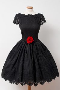 Black Ball Gowns Lace Bateau Cap Sleeves Hand Made Flower Knee Length Backless Prom Evening Gown