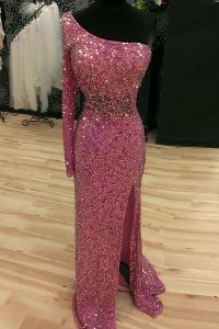 Custom Made Mermaid One Shoulder Sequins Prom Dress Lilac Backless Long Sleeves Sweep Train