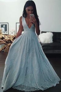 High End Sleeveless Floor Length Beading and Lace Zipper Evening Dress with Light Blue