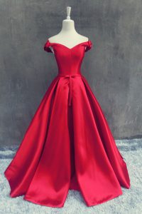 Delicate With Train Red Homecoming Dress Off The Shoulder Short Sleeves Sweep Train Zipper