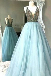 Sleeveless Chiffon Floor Length Backless Prom Gown in Light Blue with Beading