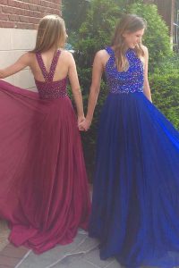 New Style Scoop With Train Side Zipper Prom Dresses Royal Blue for Prom and Party with Beading Sweep Train