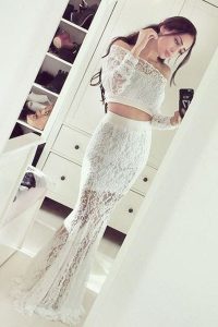 Mermaid White Zipper Off The Shoulder Lace Dress for Prom Lace Long Sleeves