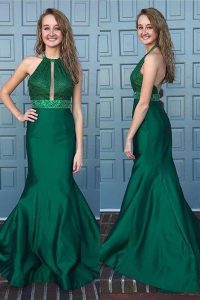 Customized Mermaid Halter Top Sleeveless Satin With Train Sweep Train Backless Prom Dresses in Green with Beading and La