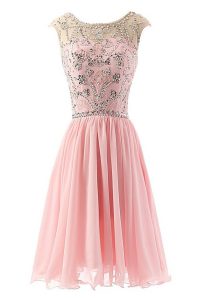 A-line Prom Dresses Pink Scoop Chiffon Sleeveless Tea Length Zipper