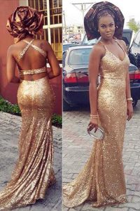 Comfortable Halter Top Sequins Dress for Prom Gold Criss Cross Sleeveless With Brush Train