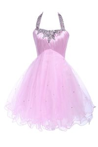 Halter Top Tulle Sleeveless Knee Length Dress for Prom and Beading