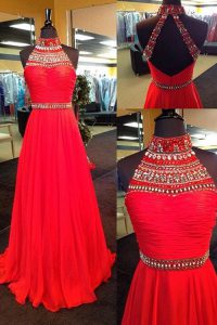 Elegant Halter Top Red Sleeveless Beading Floor Length Prom Gown