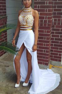 Fabulous Beading Prom Evening Gown White Zipper Sleeveless With Train Sweep Train