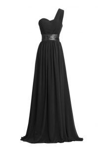 Classical One Shoulder Sleeveless Zipper Floor Length Ruching and Belt Prom Party Dress