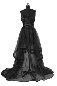 Pretty A-line Dress for Prom Black Strapless Tulle Sleeveless High Low Zipper