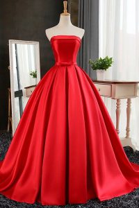 Pleated Red Prom Dresses Strapless Sleeveless Sweep Train Lace Up