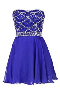 A-line Prom Gown Royal Blue Strapless Chiffon Sleeveless Knee Length Zipper