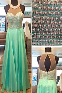 Edgy Apple Green Prom Dress Prom and Party and For with Beading High-neck Sleeveless Zipper