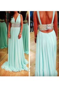 Admirable Aqua Blue Sleeveless Chiffon Backless Prom Party Dress for Prom