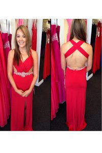 Glittering Floor Length Red Prom Party Dress Chiffon Sleeveless Beading
