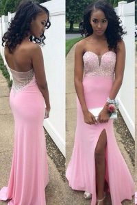 Cute Mermaid Rose Pink Prom Evening Gown Prom and Party and For with Beading Sweetheart Sleeveless Backless