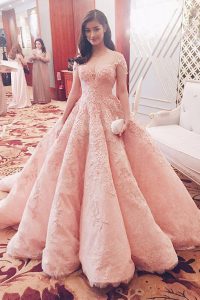 With Train Pink Evening Dress Tulle Sweep Train Short Sleeves Lace