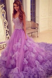 Vintage Sweetheart Sleeveless Tulle Dress for Prom Beading and Hand Made Flower Court Train Backless