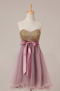 Sequins Knee Length A-line Sleeveless Pink Evening Dress Zipper