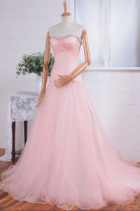 Great With Train Zipper Prom Dresses Pink for Prom and Party with Beading and Ruching Sweep Train