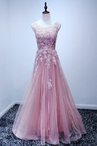 Edgy Tulle Scoop Sleeveless Lace Up Appliques Dress for Prom in Pink