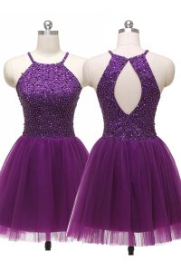 Scoop Purple Sleeveless Sequins Mini Length Prom Dresses